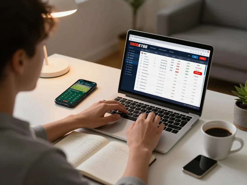 Taruhan olahraga SBOBET88 dalam aksi dengan odds langsung yang ditampilkan di laptop di kantor rumah modern.