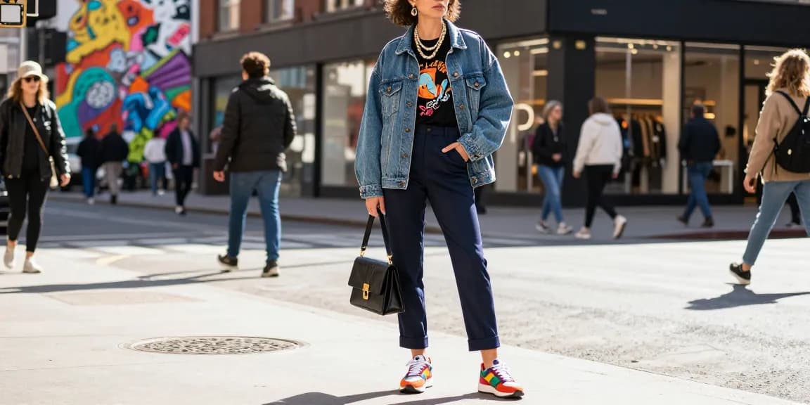 Fashion tips highlight stylish urban individual wearing trendy outfit in vibrant street setting.