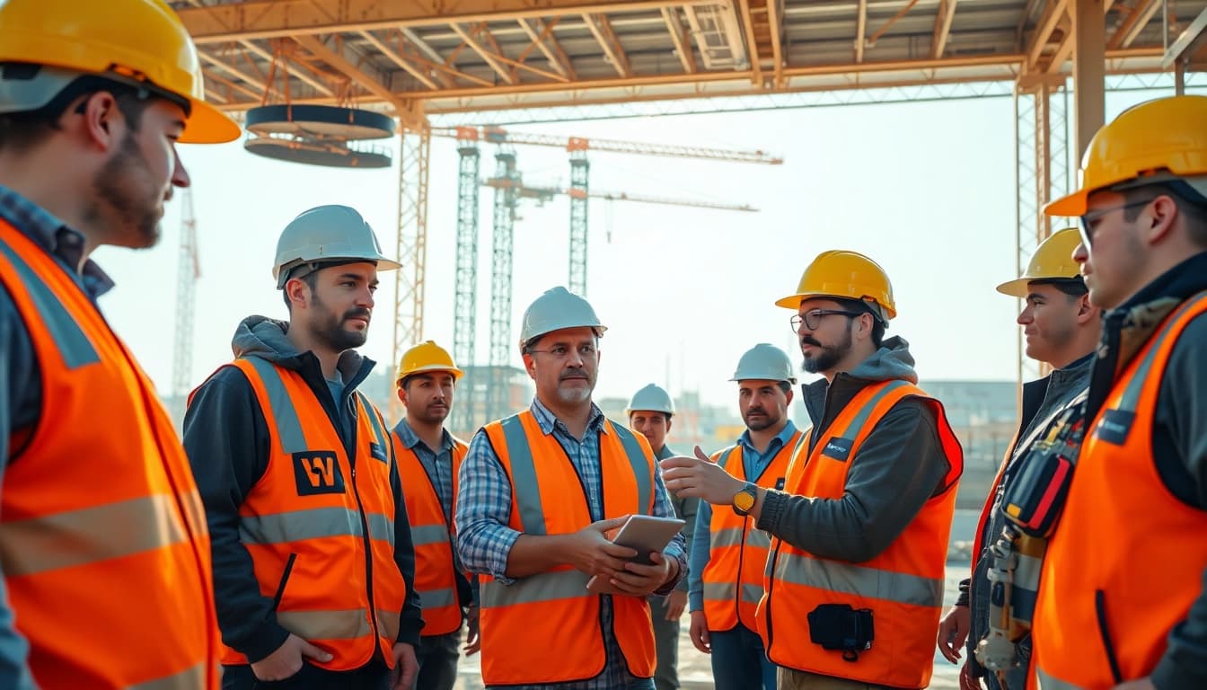 Engaging construction site safety training with workers wearing safety gear, highlighting safety practices.
