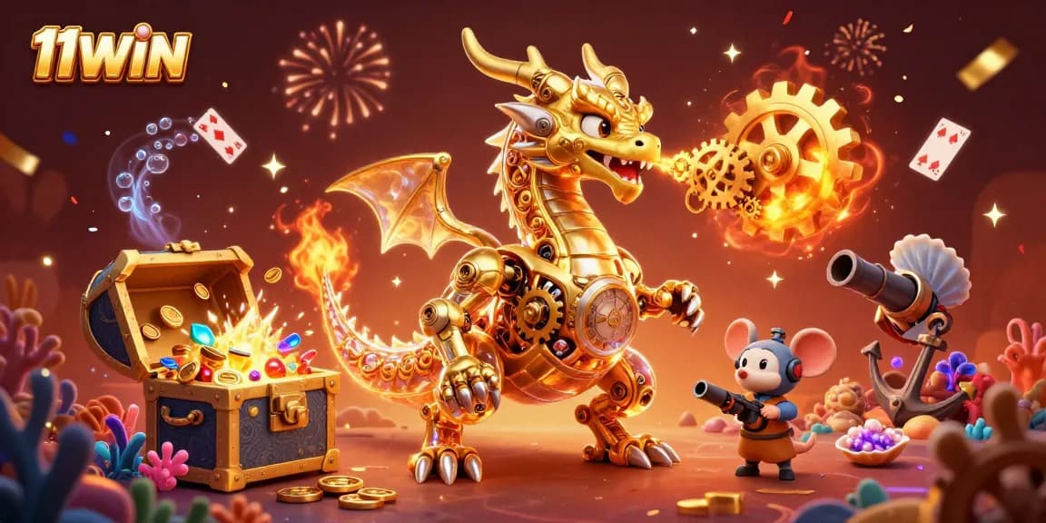 Experience thrilling wins with 11WIN, featuring a golden dragon and rich casino elements.