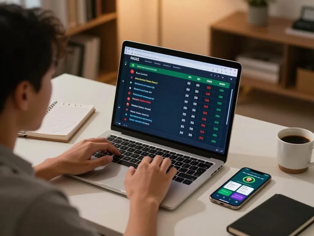 Taruhan Judi Bola dengan laptop dan aplikasi seluler, menampilkan odds olahraga langsung.
