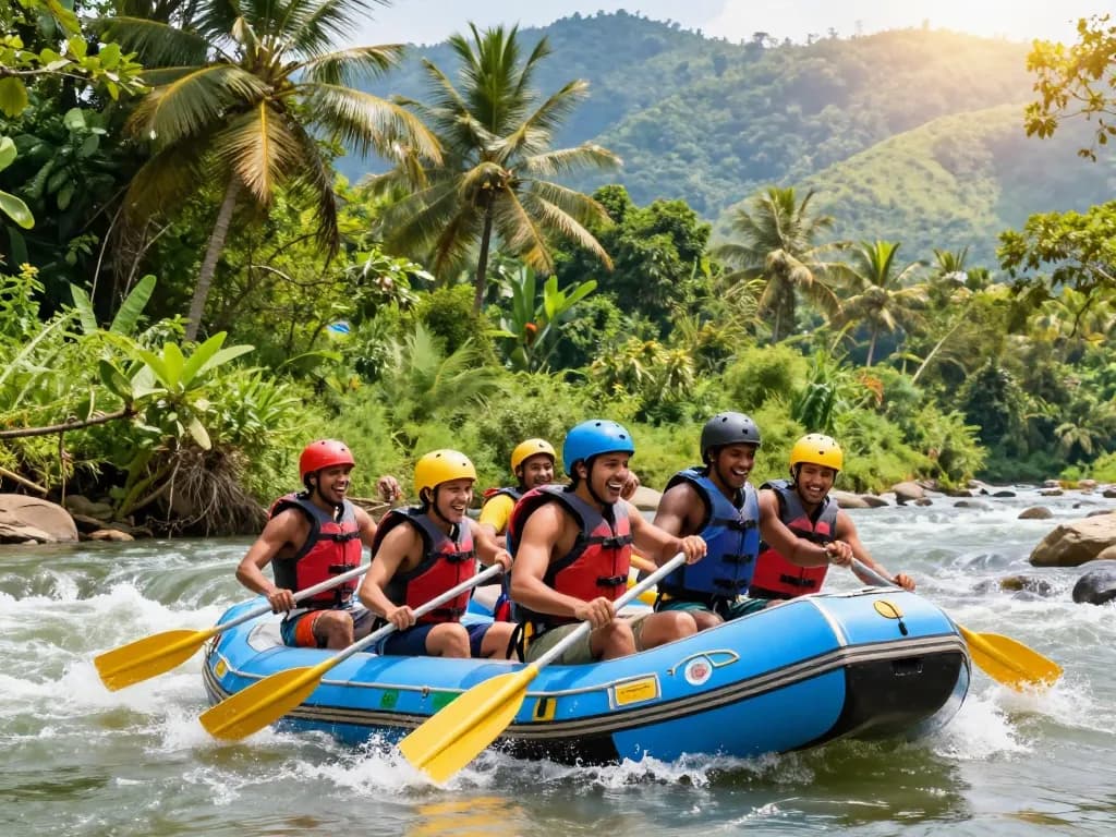 Adventurers rafting on Kali River in Dandeli's scenic landscape, showcasing outdoor thrills.
