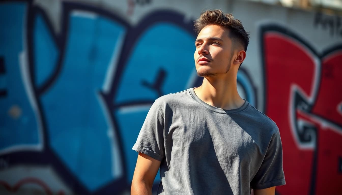 Model showcasing a trendy drop shoulder t shirt against a vibrant urban backdrop.