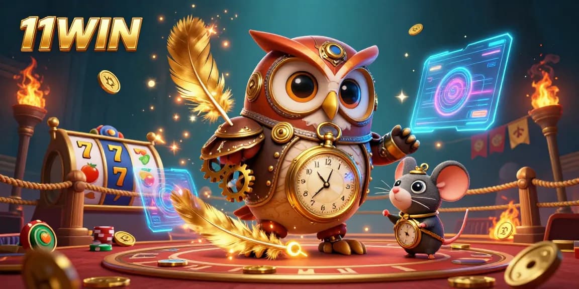 Engage with thrilling slot games at 11WIN featuring a time-traveling owl and vibrant casino elements.