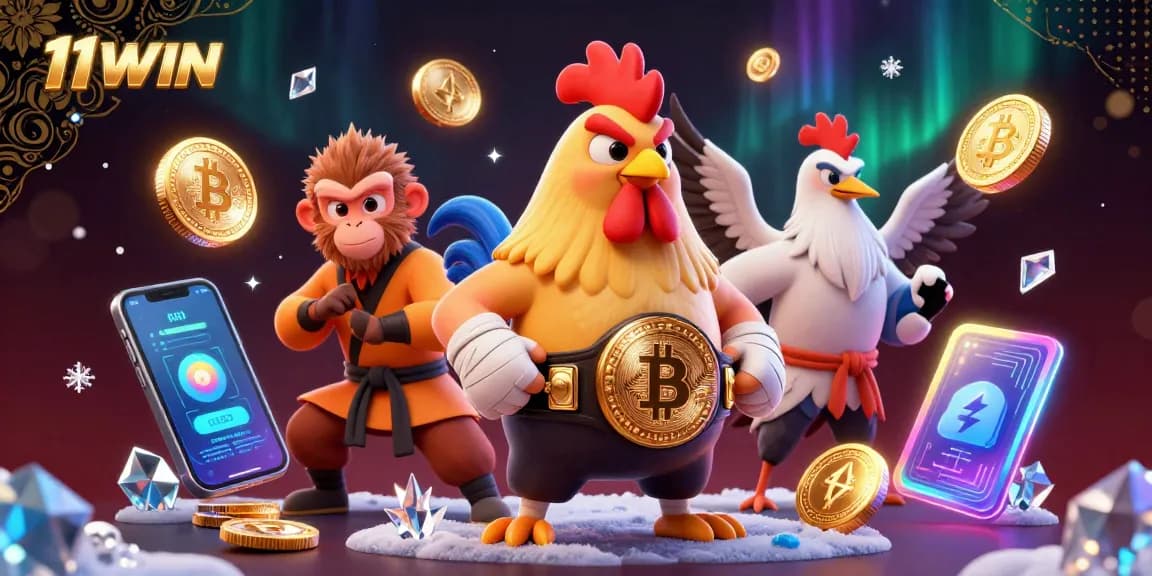 Engage with 11WIN's vibrant 3D illustration showcasing martial artists and cryptocurrency elements.