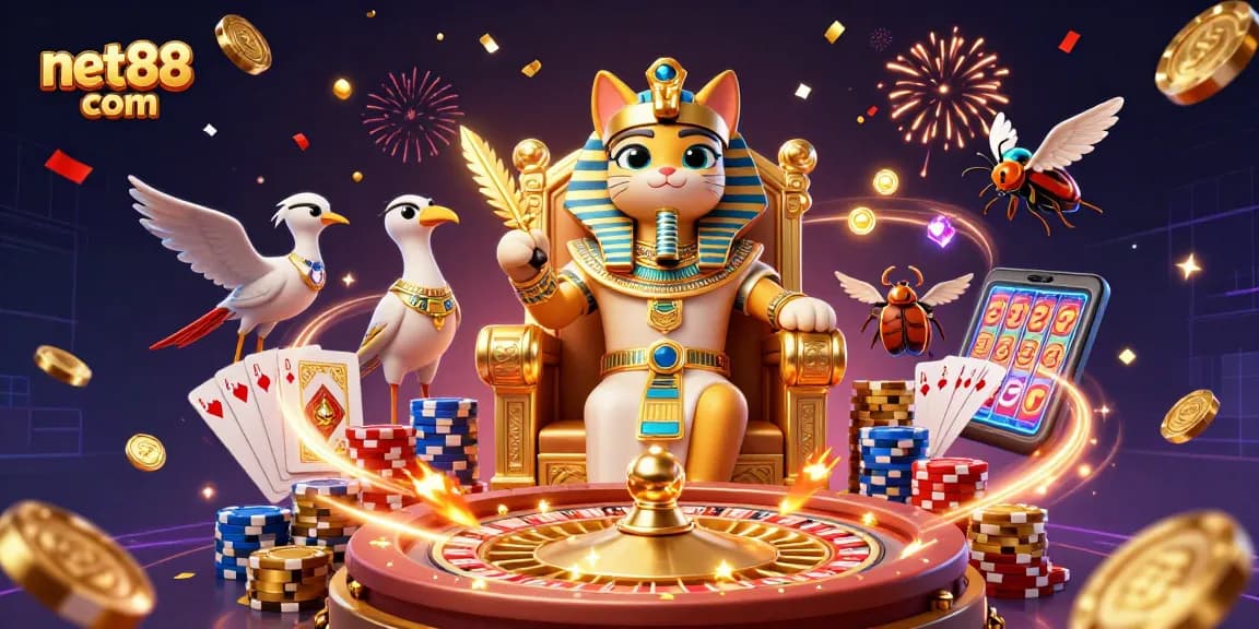 Spin and win at net88 com with an Egyptian pharaoh cat and casino treasures!