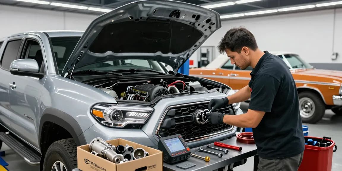 Mechanic installing a VT supercharger kit on a Toyota Tacoma in a bright garage.