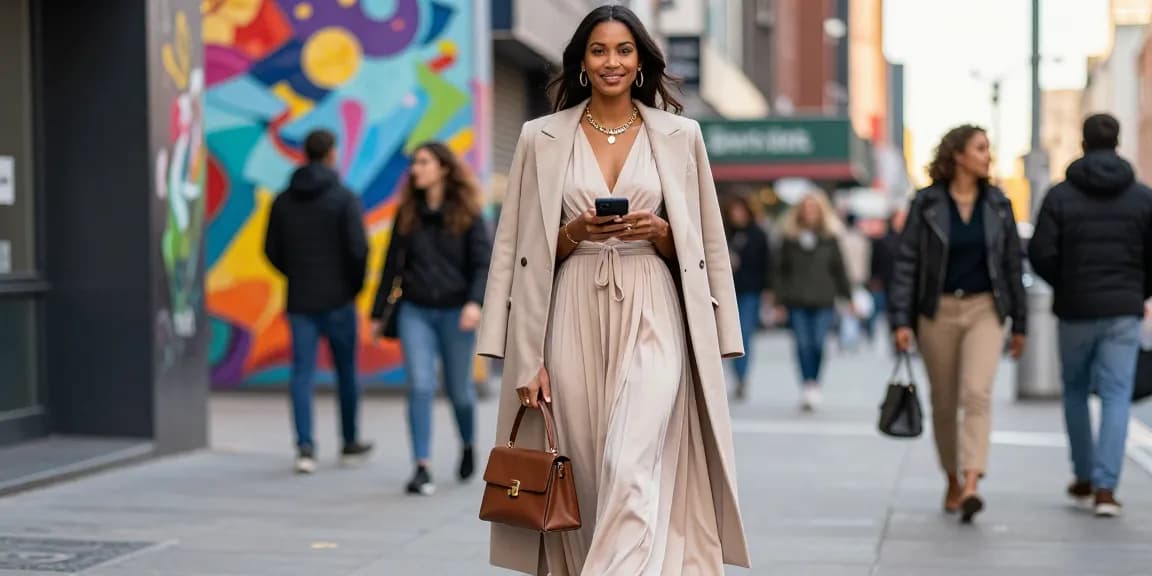 Modest fashion outfit showcased by a stylish woman in an urban setting, blending modern and cultural elements.