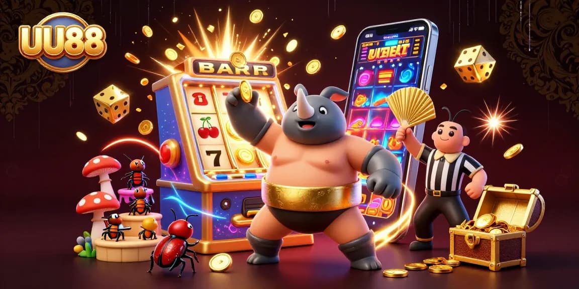 UU88: Experience thrilling gameplay with a dynamic scene of a sumo beetle champion amidst a jackpot explosion in a vibrant casino.