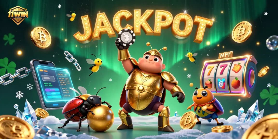 11WIN showcases a vibrant 3D scene featuring a victorious beetle amidst casino elements, highlighting jackpot excitement.