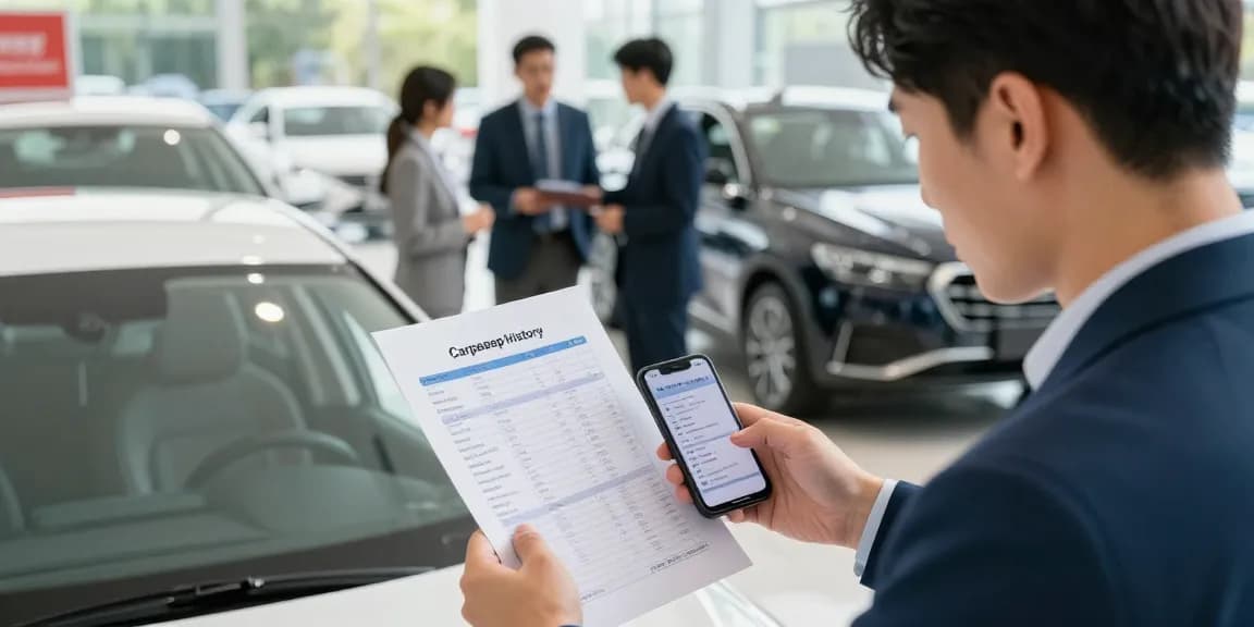 A car buyer reviewing a Carpeep history report for an HPI check alternative at a dealership.