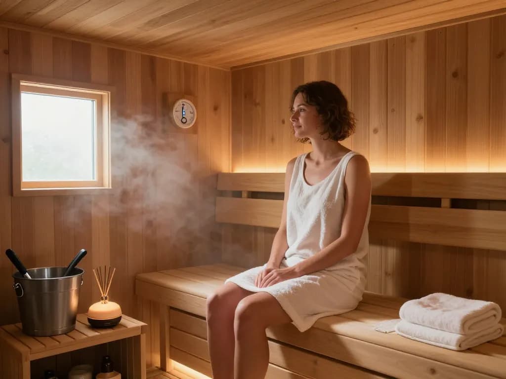 Person relaxing in a sauna 3D experience with warm wooden interiors and calming steam.