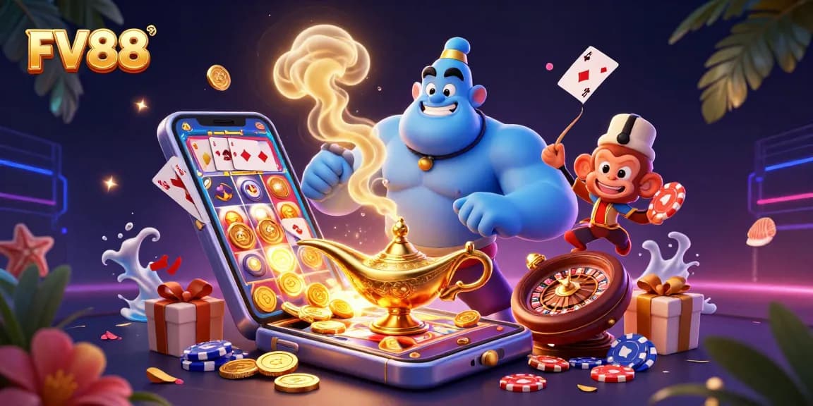 Engage with FV88's vibrant gambling adventure featuring a magical genie, poker chips, and classic casino elements.