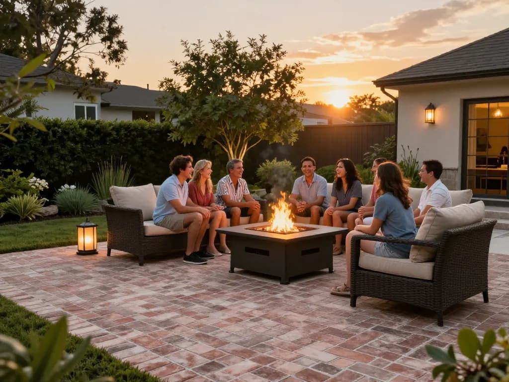 Elegant backyard with brick pavers near me, family enjoying outdoor space by a fire pit.