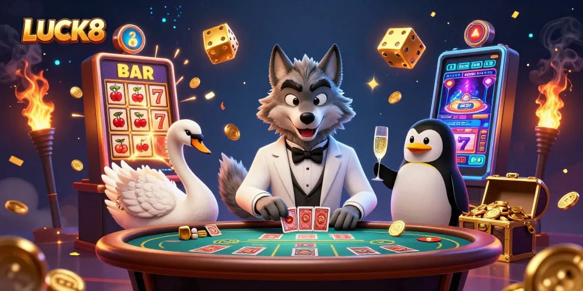 Experience thrilling gaming action at LUCK8 with a debonair wolf, elegant swan, and sophisticated penguin.