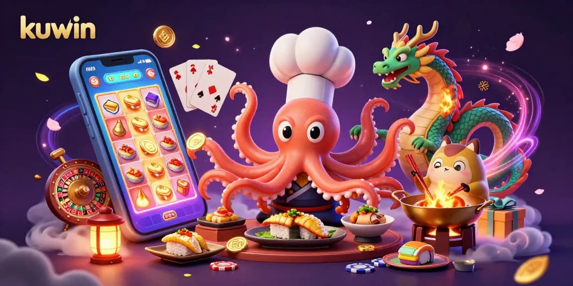 Kuwin showcases an animated octopus chef preparing golden dishes with a dragon and tanuki in a vibrant, casino-themed illustration.
