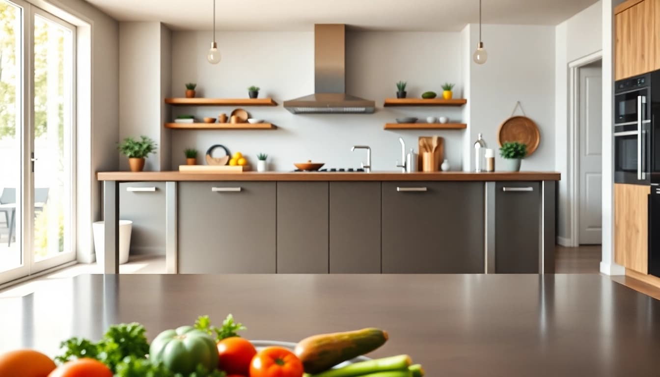 Explore a stylish steel table for kitchen adorned with fresh ingredients ready for cooking.