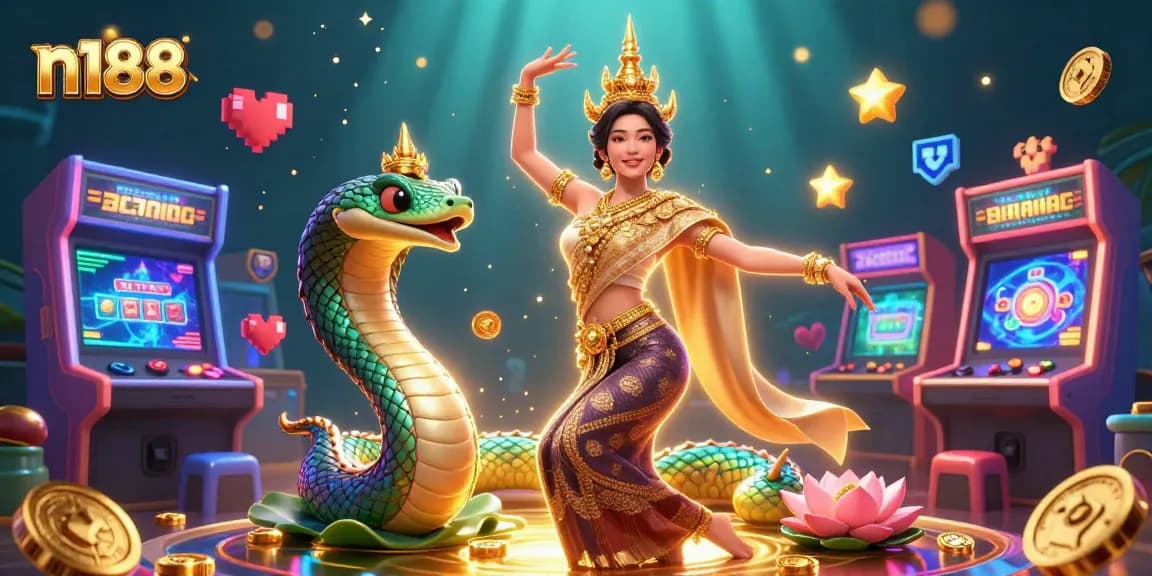 N188 invites players into an enchanting casino world with vibrant illustrations of games, water, and culture.