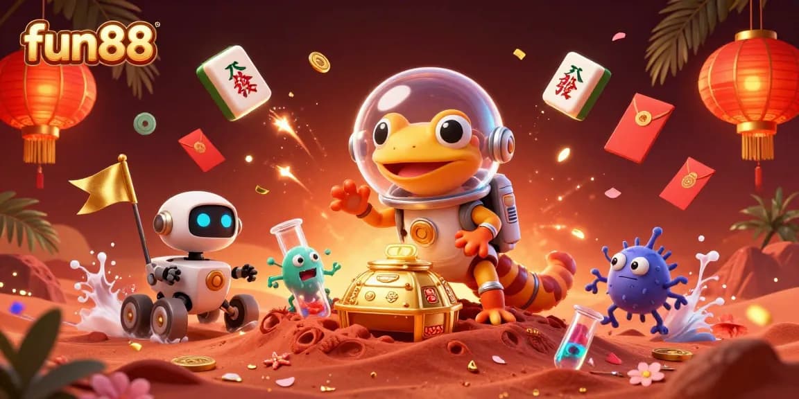 Fun88 players enjoy a vibrant 3D scene of gaming excitement, featuring a Martian gecko and dynamic casino elements.