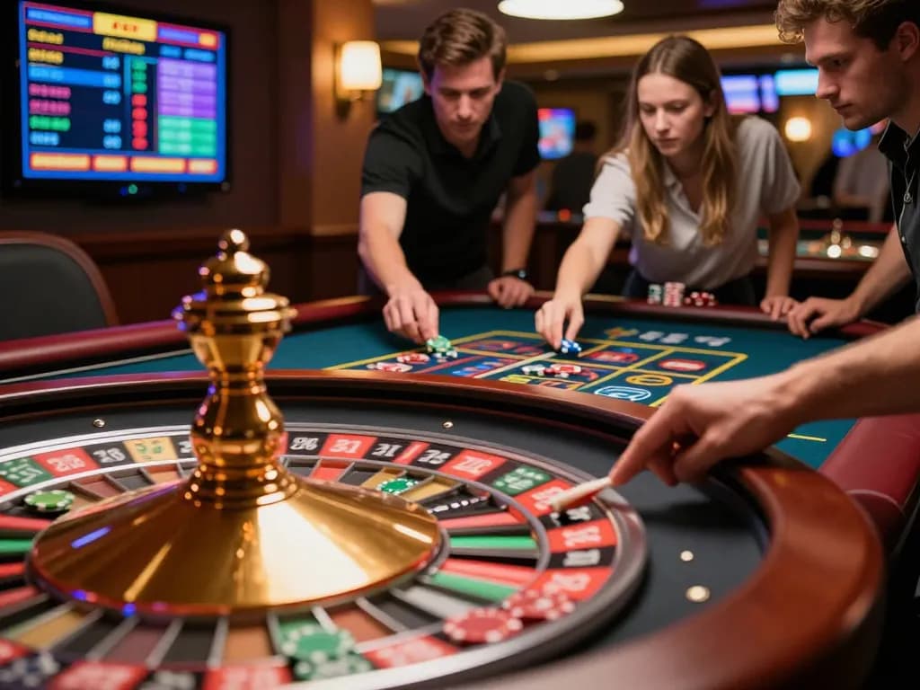FC88 players placing bets and celebrating wins at an online roulette table in a vibrant casino atmosphere.