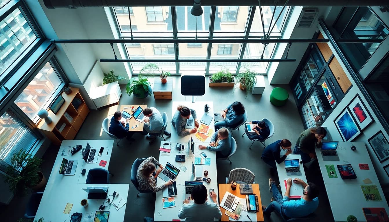 Dynamic workspace showcasing a NYC web design company collaborating on innovative projects.