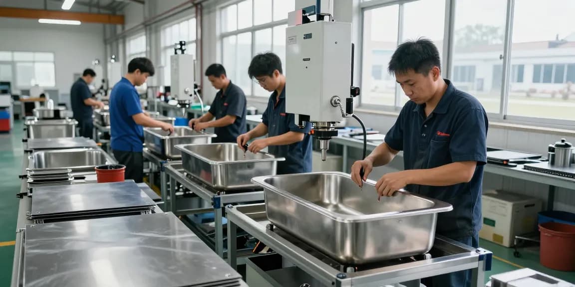 Production line at a stainless steel basin factory showing skilled workers and machinery in action.