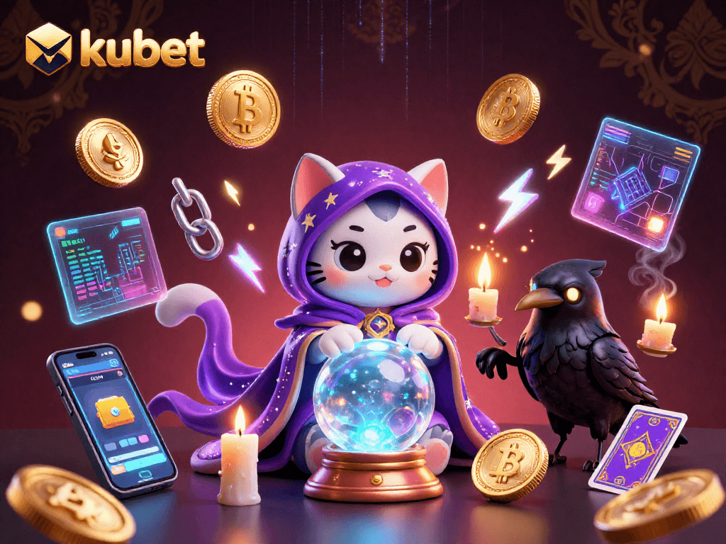 Engage with kubet's features through a vibrant, mystical casino scene enriched with crypto elements.
