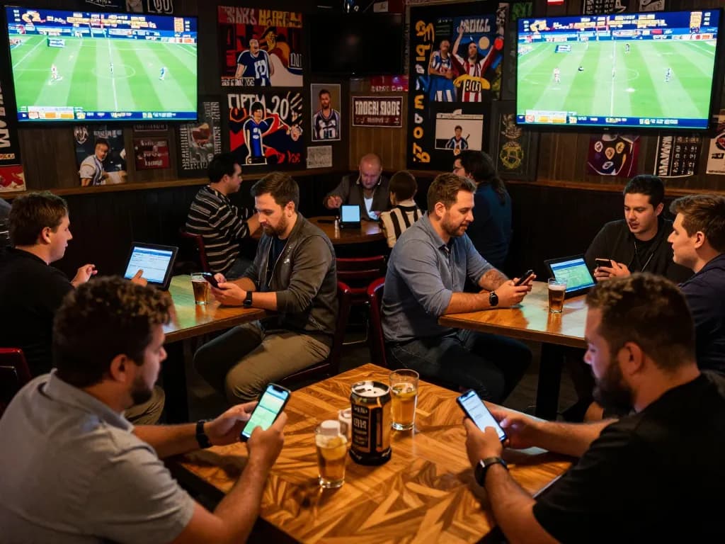 CAKHIATV users enjoying live sports betting at a lively venue, placing bets with excitement.