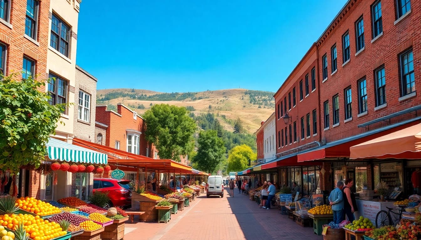 Clarksburg local market filled with colorful stalls and fresh produce under bright lighting.