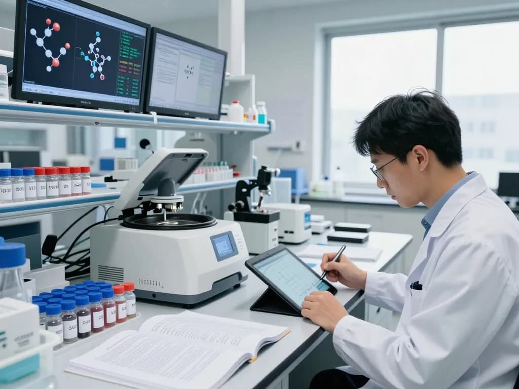 Scientist analyzing peptide samples in a high-tech lab setting, focusing on CJC1295 Ipamorelin research with advanced equipment.