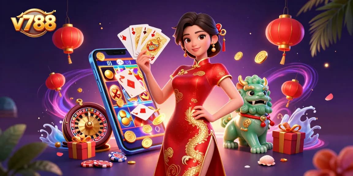 Experience the thrill of v788 with a vibrant illustration of a qipao-clad dealer amidst casino excitement.