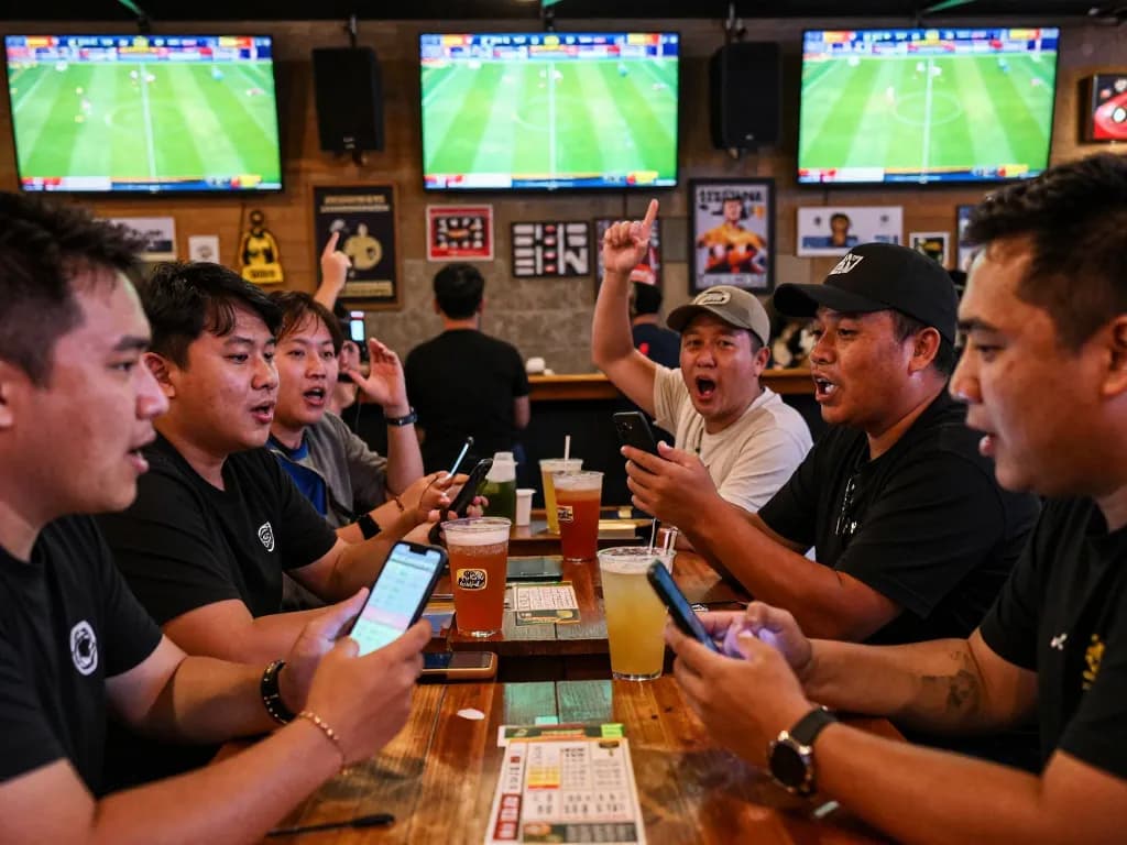 Penggemar bersemangat terlibat dalam taruhan Judi Bola saat menonton pertandingan sepak bola langsung di bar olahraga.