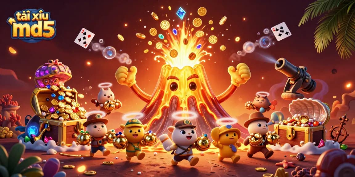 Tài xỉu md5 players chase thrilling treasures from a golden volcano in a lively underwater scene.