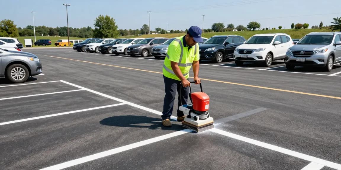 Mobile parking lot striping with worker painting bright lines for safety and organization.