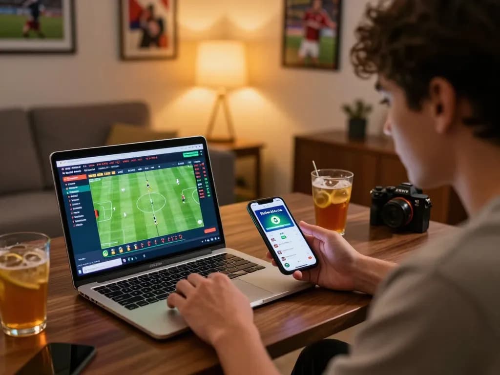 Engaged bettor using tỷ lệ kèo nhà cái 5 app on smartphone while placing bets online during an exciting sports game.