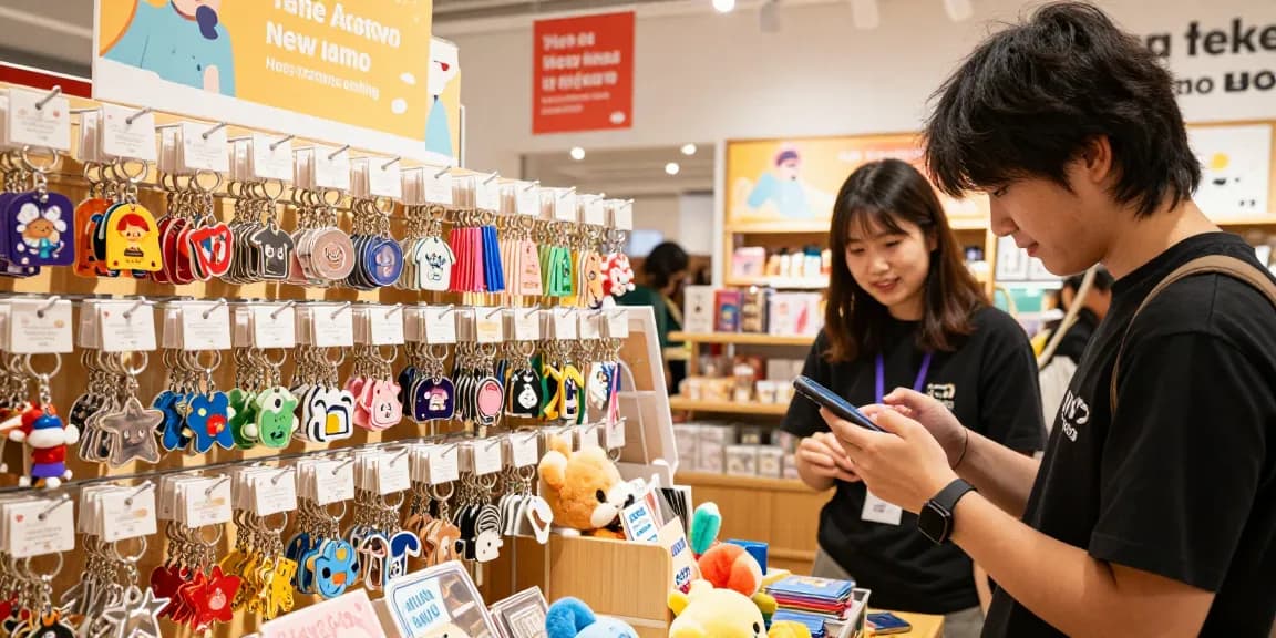 Custom keychains display in vibrant e-commerce retail environment, showcasing diverse designs and shopping atmosphere.
