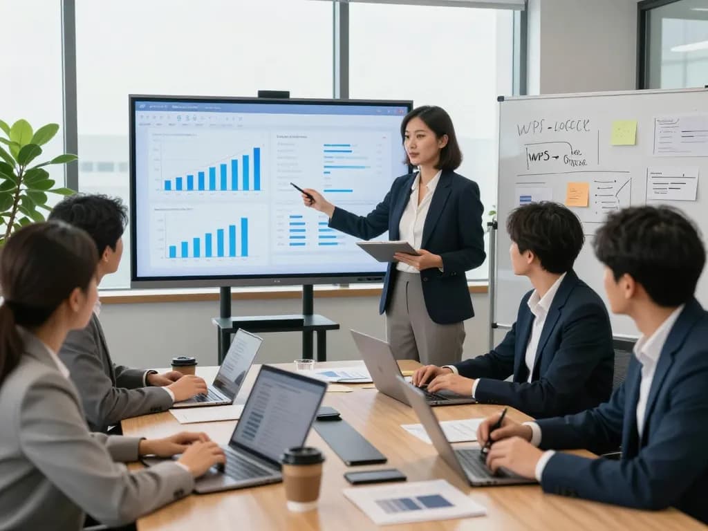 Team collaboration at WPS官网-focused meeting with data visualization, laptops, and documents in a modern office