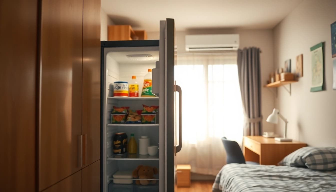 Organized dorm room fridge displaying beverages and snacks for students.