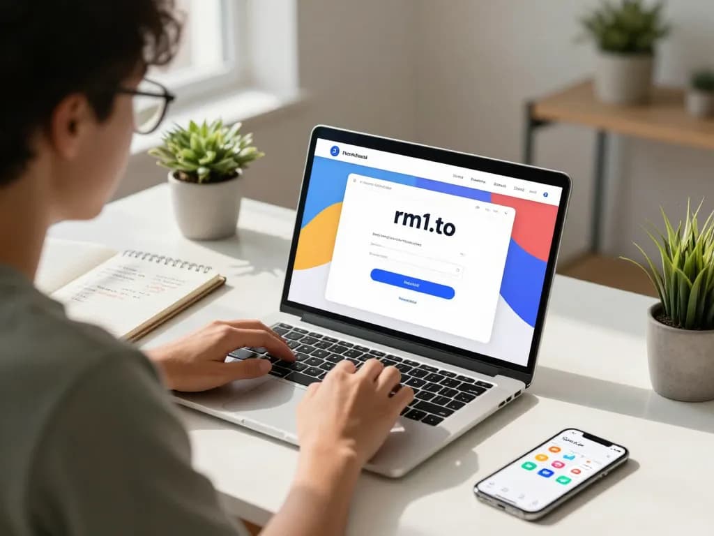 User accessing the rm1.to login dashboard in a modern workspace, showcasing productivity and secure access.