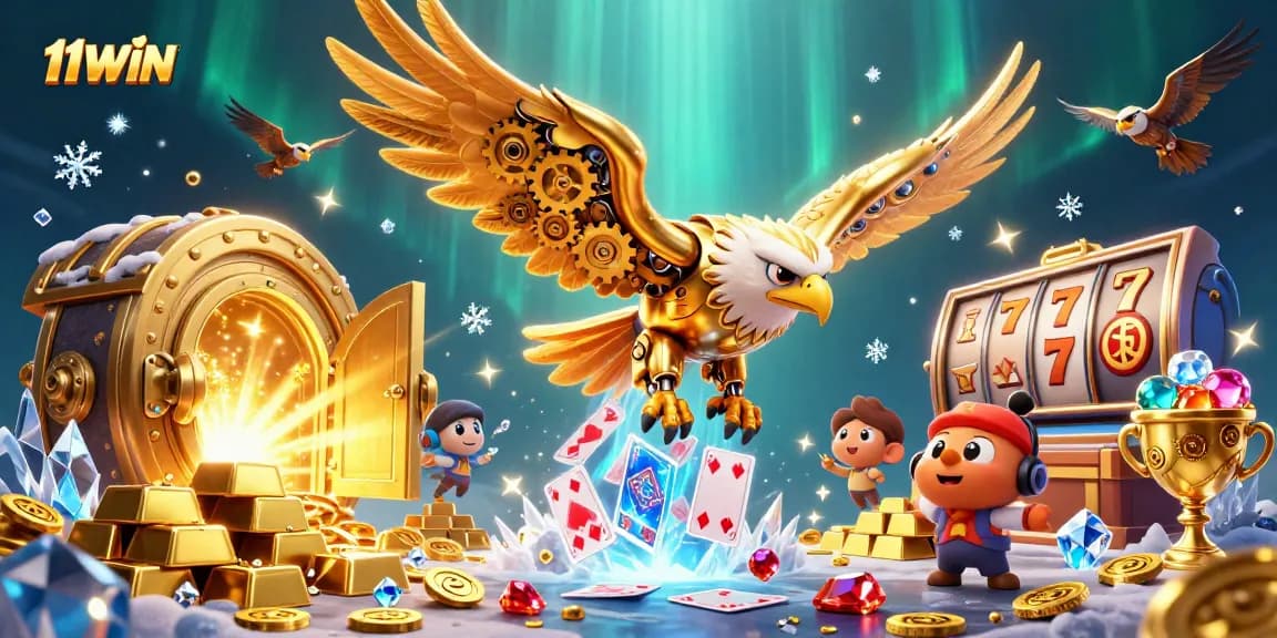 Experience the thrill of 11WIN with a cybernetic eagle amidst a dazzling casino backdrop.