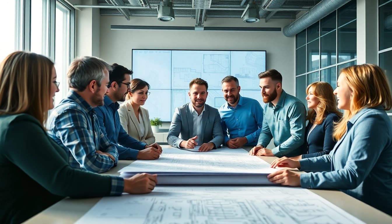 New Jersey Construction Manager collaborating with a diverse team in a modern office.