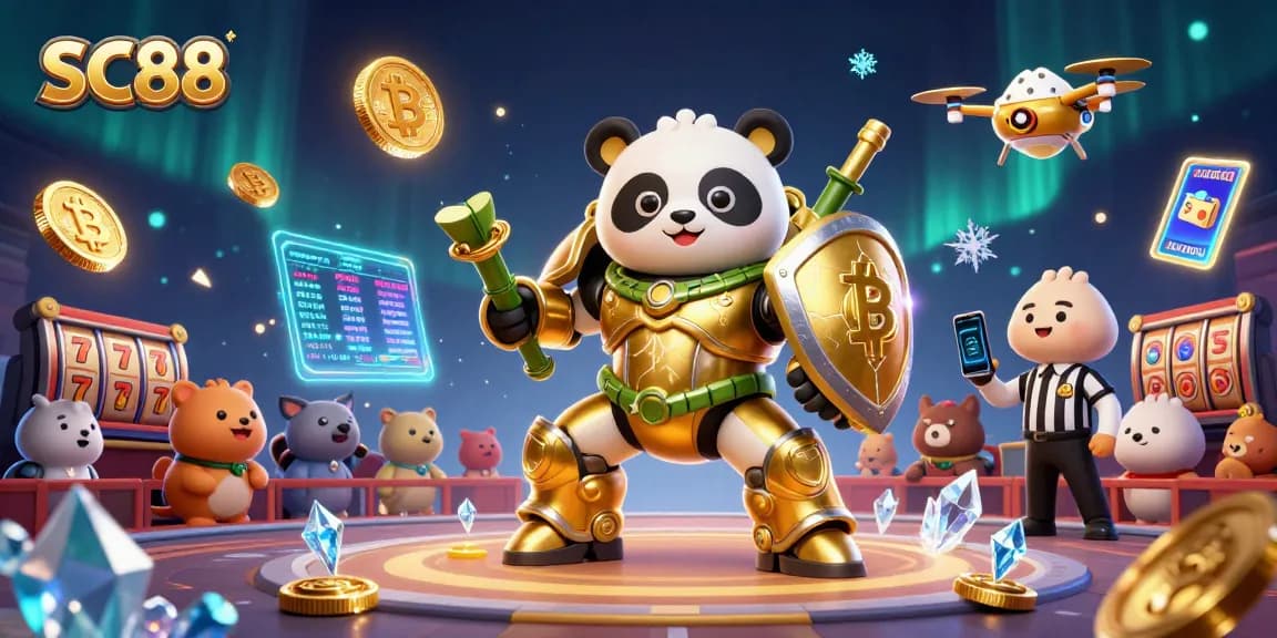 SC88 showcases a thrilling arena with a mech-suit panda and crypto elements in a vibrant casino scene.