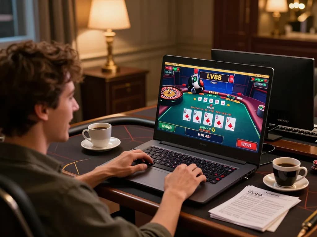 Player enjoying LV88 online casino games on laptop, showcasing vibrant live dealer action.