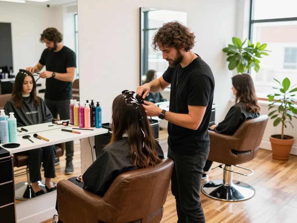 Hair salon near me featuring a stylist coloring a client's hair with vibrant decor and inviting atmosphere.