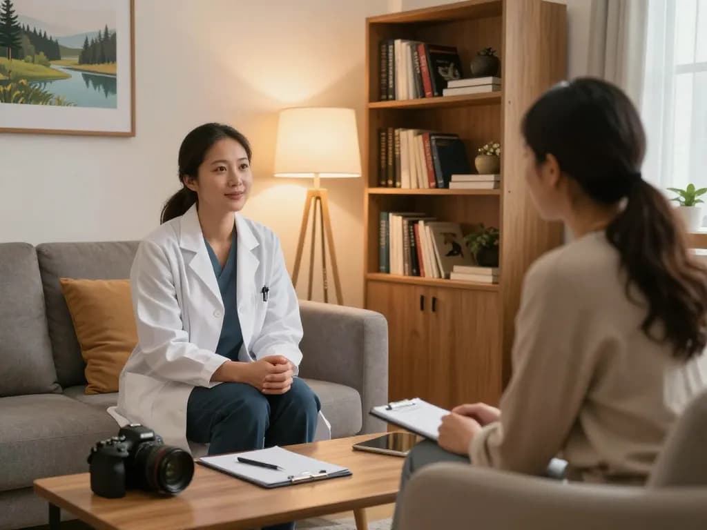 Therapist discussing焦慮症 in a calming counseling room with soft lighting.