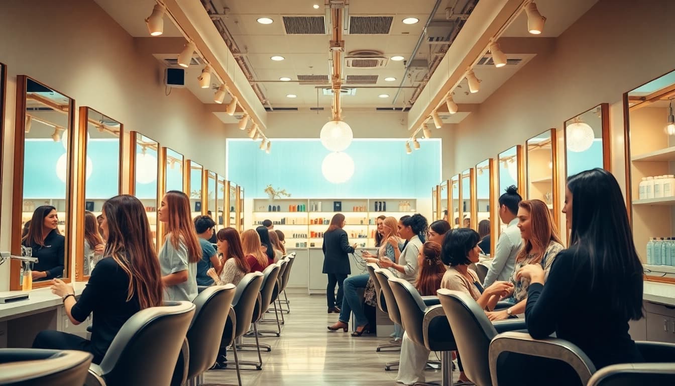 Top rated hair salons with diverse hairstylists and happy clients in a stylish salon interior.