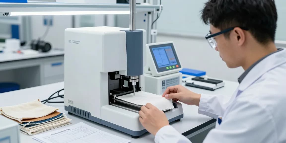 Technician using the Elmendorf tear tester in a professional textile testing lab.