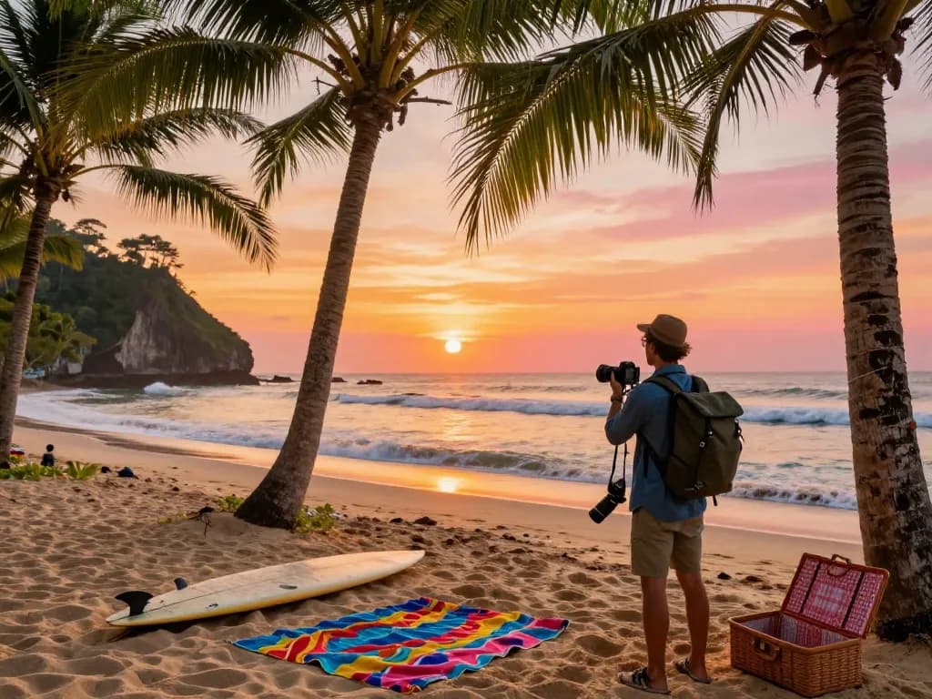 Bali tour experience: traveler capturing memories on a scenic beach at sunset.