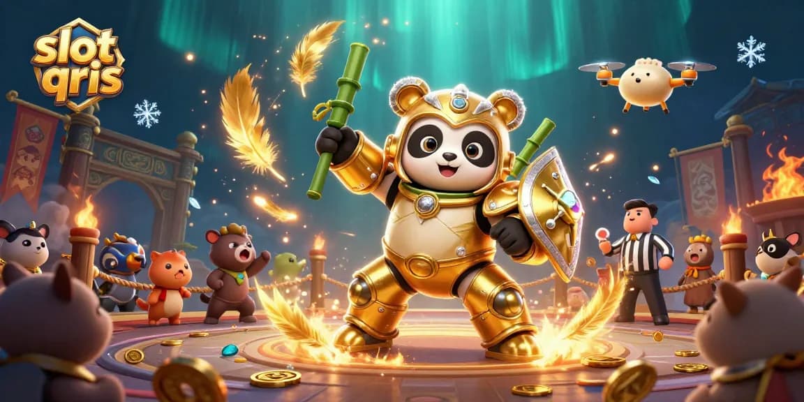 Experience the thrill of slot qris with golden panda piloting a bamboo robot in a vibrant arena.