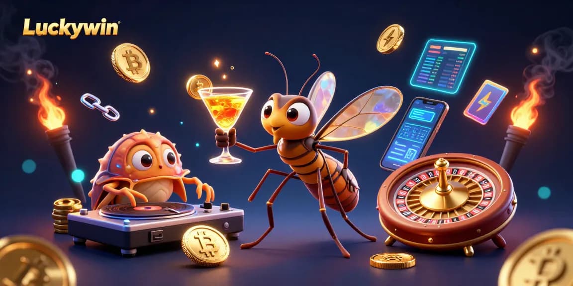 Experience Luckywin's vibrant gaming culture with a lively image of casino mascots and crypto elements.